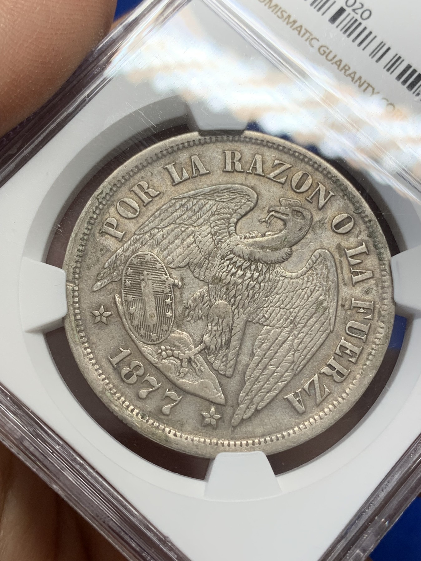 《竞宝斋》第218场-周日，周一 2场 (全场包邮) NGC AU 智利 1877年SO 1比索 秃鹰大银币