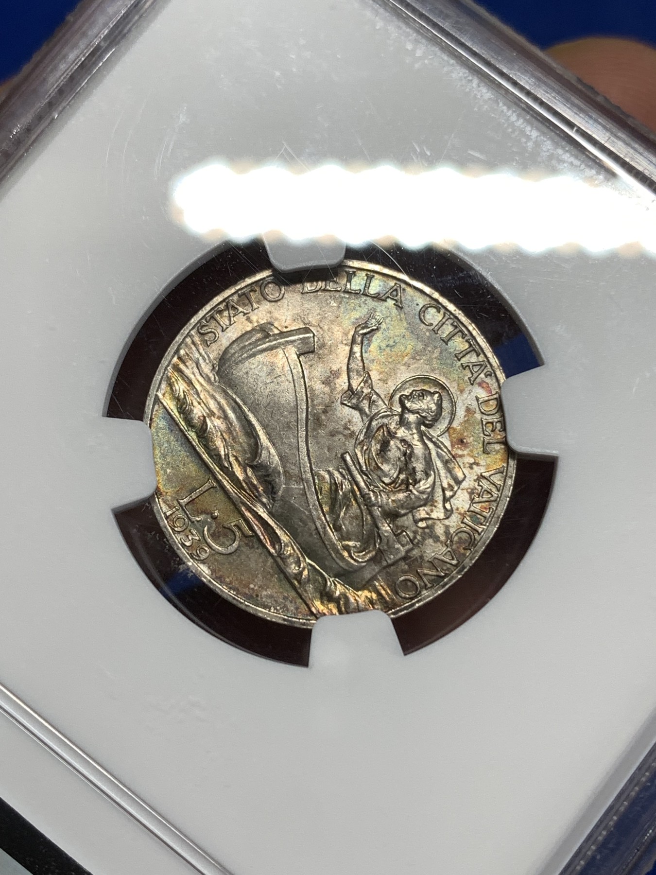 《竞宝斋》第218场-周日，周一 2场 (全场包邮) NGC-MS63 梵蒂冈 1939年 划船 5里拉 银币