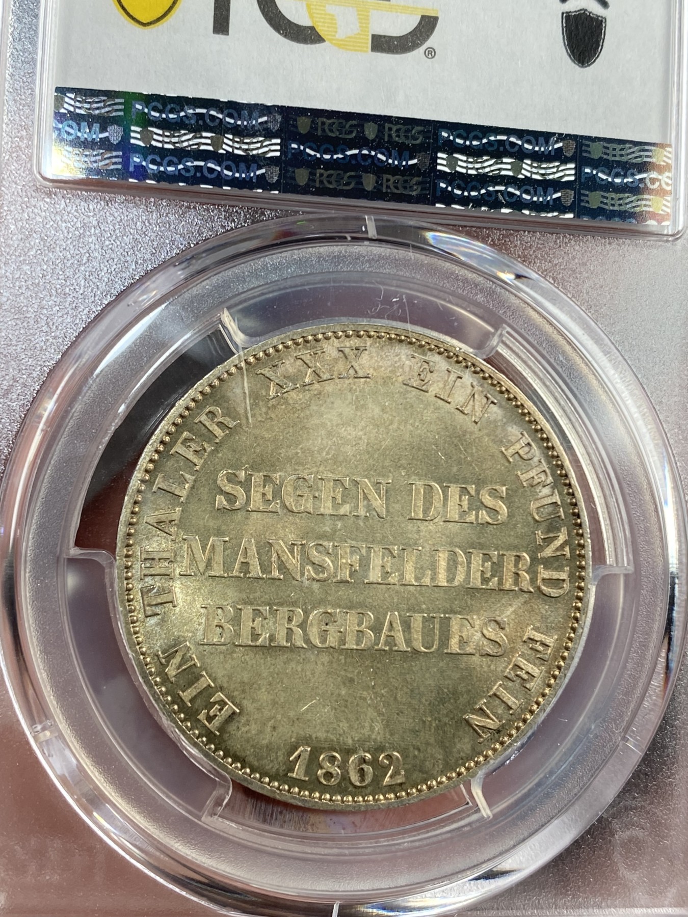 【北京钱博会拍卖周】万国钱币拍卖第020期 PCGS MS64 1862年德国普鲁士威廉一世矿业祝福1泰勒 发行量少且流通充分 高分极为不易 PCGS亚军分 背面SEGEN DES MANSFELDER BERGBAUES-为曼斯菲尔德矿业祈祷 