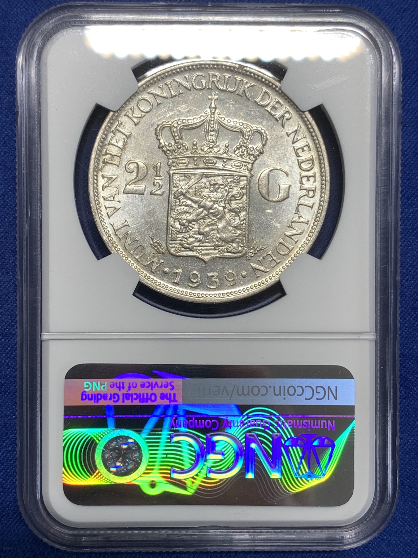 《竞宝斋》第218场-周日，周一 2场 (全场包邮) NGC MS61 荷兰1939年女王威廉米娜2.5盾大银币