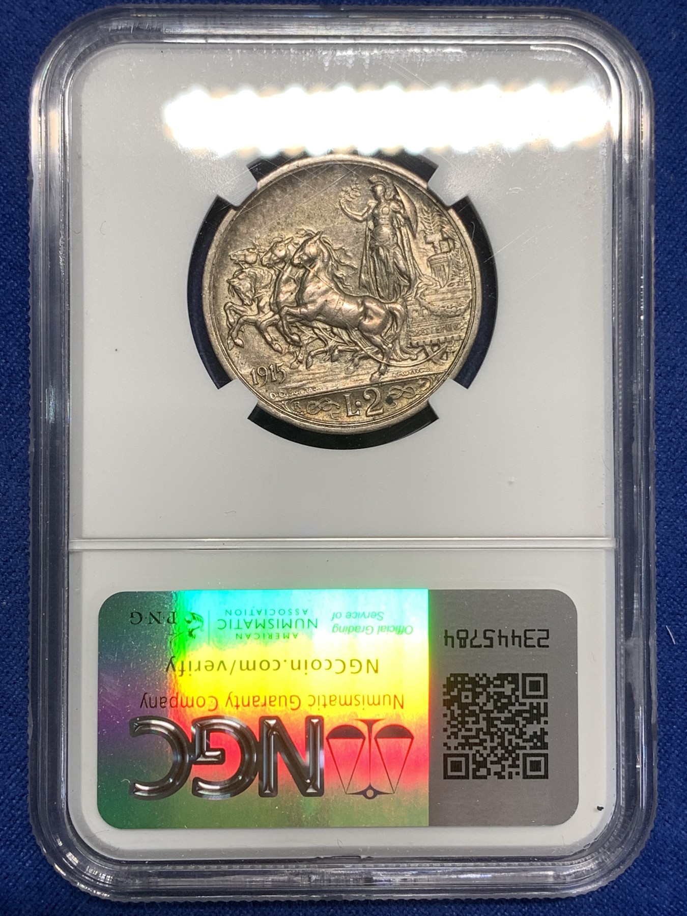 《竞宝斋》第218场-周日，周一 2场 (全场包邮) NGC-AU58 意大利1915-R 女神马车 2里拉银币