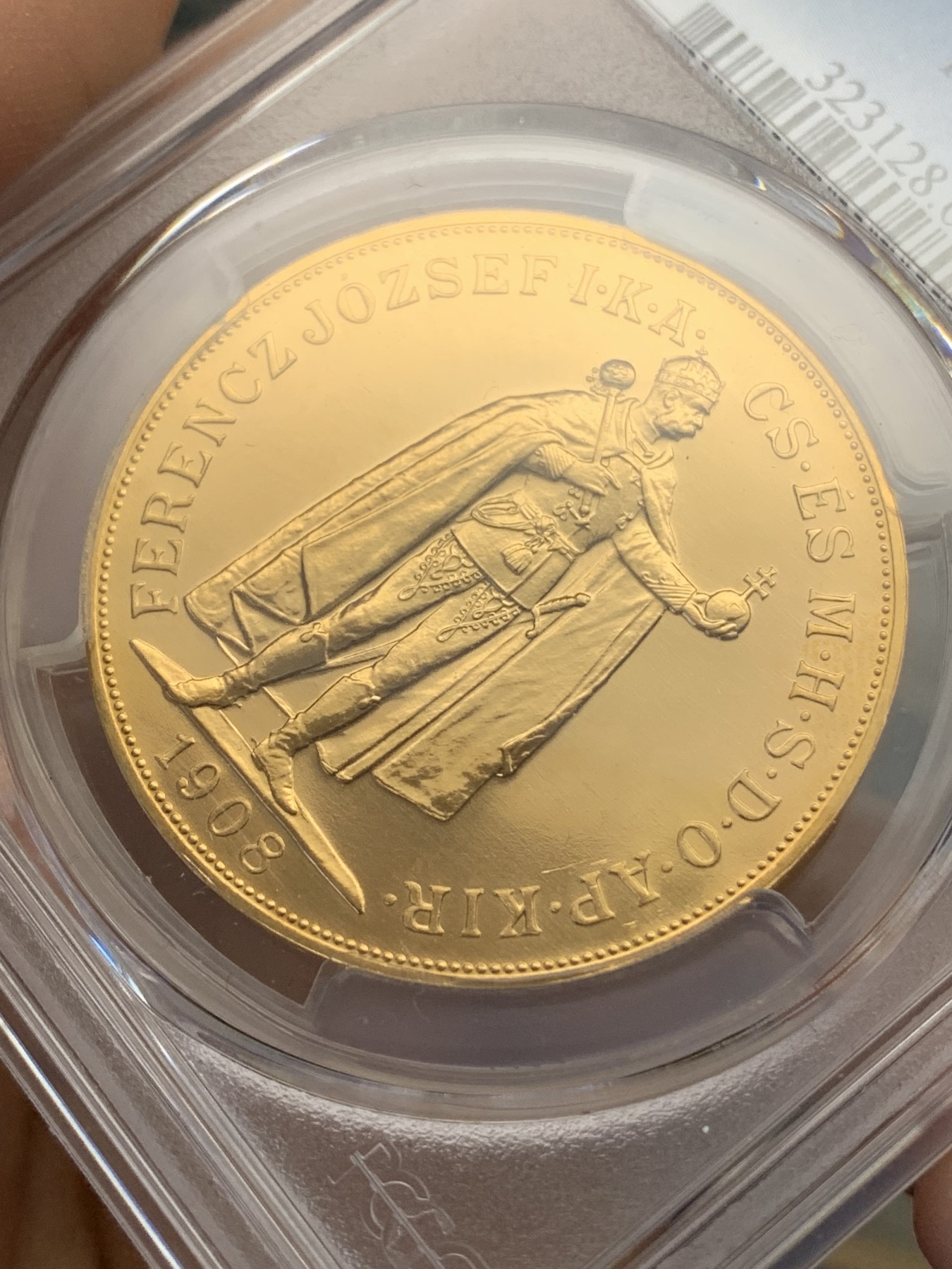 《竞宝斋》第218场-周日，周一 2场 (全场包邮) PCGS MS68 匈牙利1908KB 100克朗大金币 后铸版本 双天使 非常少见 33.87克900金