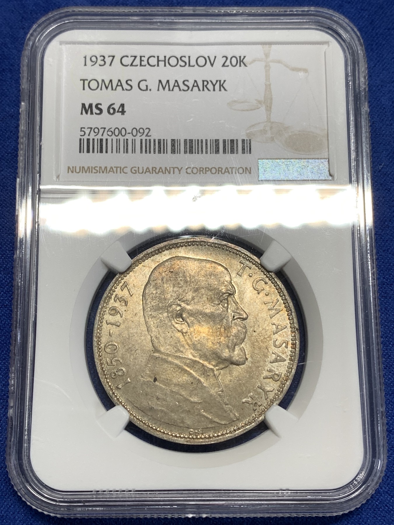 《竞宝斋》第218场-周日，周一 2场 (全场包邮) NGC MS64 1937捷克斯洛伐克20k大银币