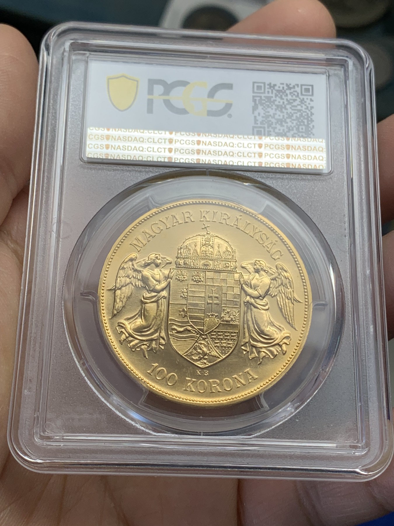 《竞宝斋》第218场-周日，周一 2场 (全场包邮) PCGS MS68 匈牙利1908KB 100克朗大金币 后铸版本 双天使 非常少见 33.87克900金