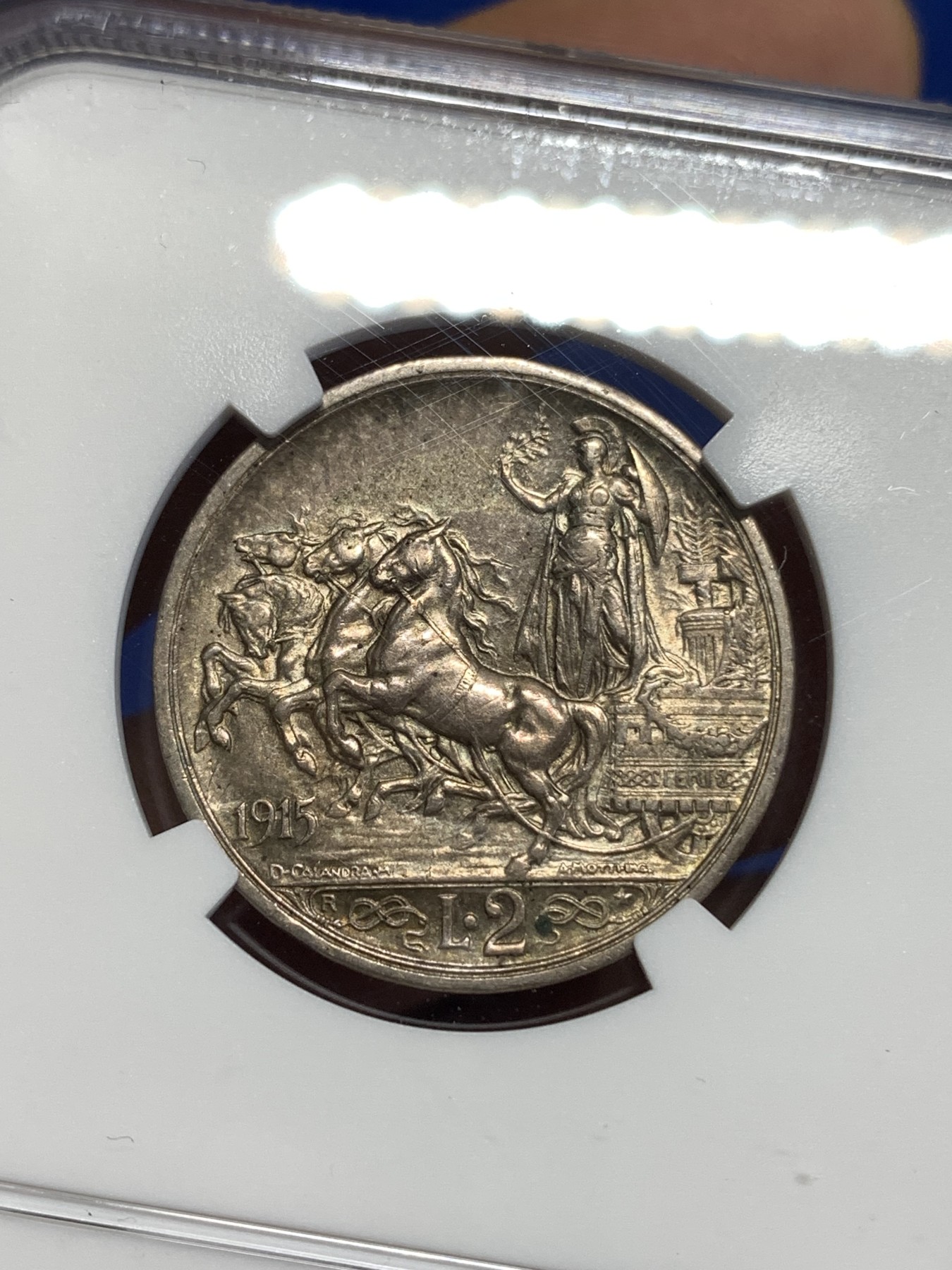 《竞宝斋》第218场-周日，周一 2场 (全场包邮) NGC-AU58 意大利1915-R 女神马车 2里拉银币