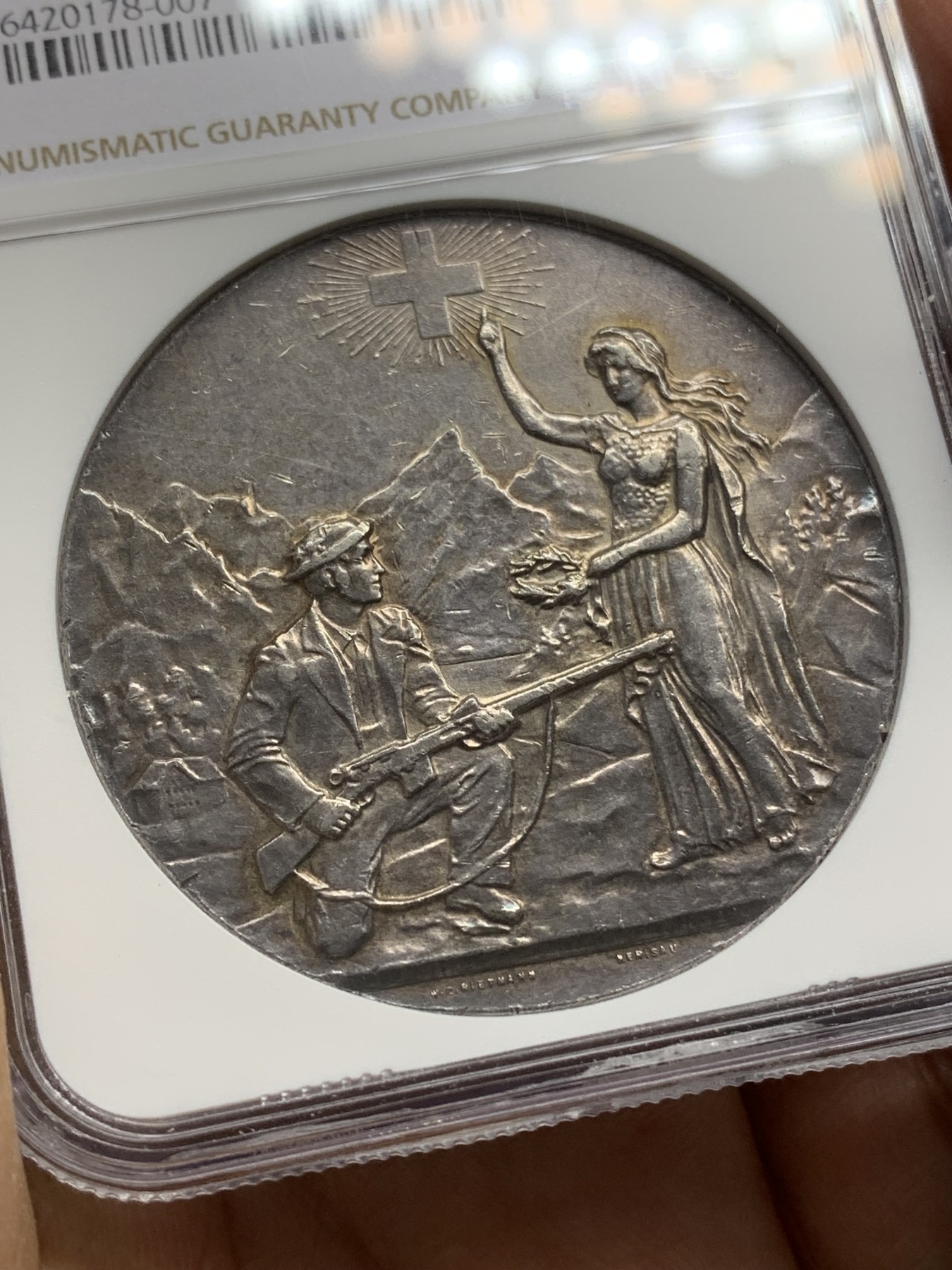 《竞宝斋》第218场-周日，周一 2场 (全场包邮) NGC AU58 1903年瑞士阿彭策尔射击节大银章，稀少品种，五彩包浆，状态一流，老藏家出品