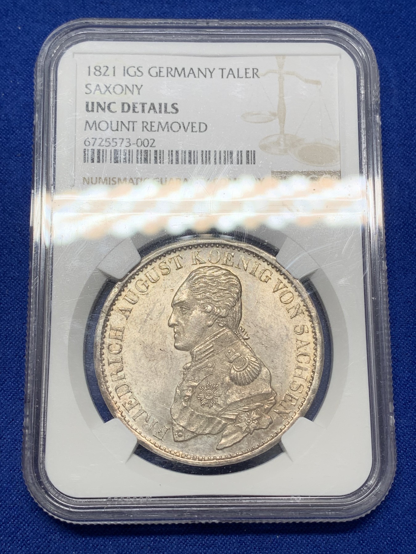 《竞宝斋》第218场-周日，周一 2场 (全场包邮) NGC-UNCD 德国 1821年 萨克森 1泰勒大银币,少见品种,淡黄油包浆,顶部取环痕迹几乎看不出,币面划痕少