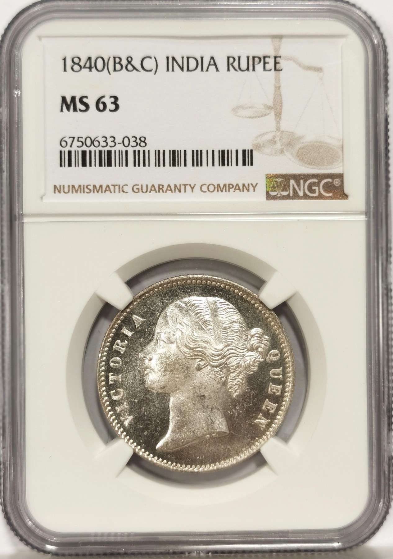 博洋堂【北京钱博会拍卖周】精品专场暨第54期（全场包邮） NGC MS63 英属东印度公司1840年B&C版维多利亚1卢比银币，双辫版