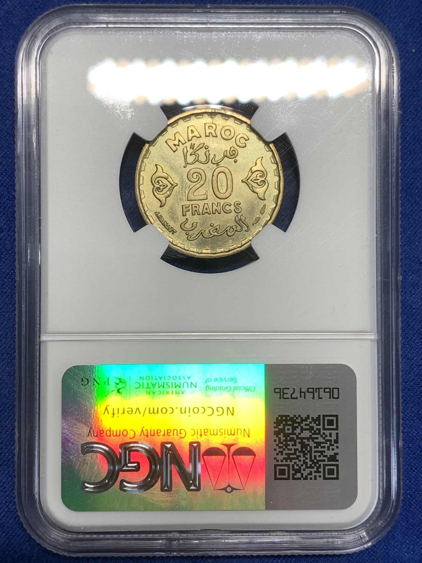 《竞宝斋》第218场-周日，周一 2场 (全场包邮) NGC-MS65 1952摩洛哥20法郎