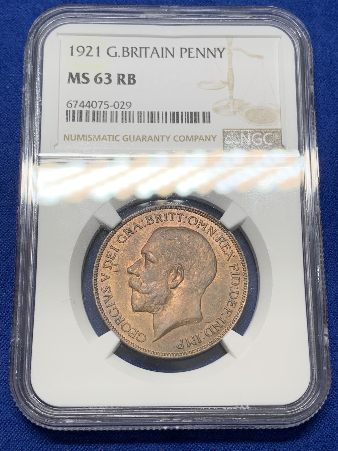 《竞宝斋》第218场-周日，周一 2场 (全场包邮) NGC MS63RB 1921年 英国乔治五世便士 乔五和布列塔尼的组合 底板丝滑 铜光饱满