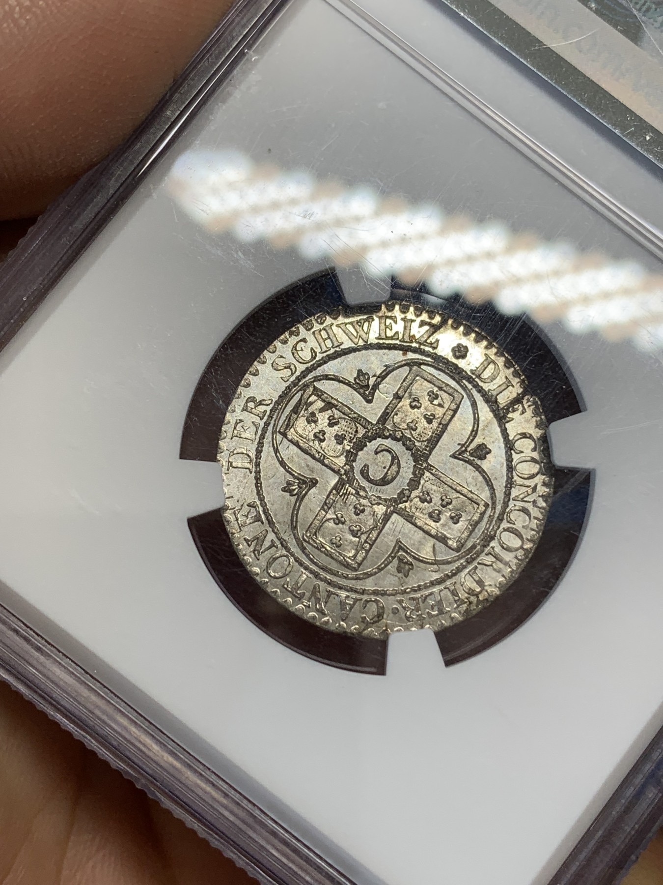 《竞宝斋》第218场-周日，周一 2场 (全场包邮) NGC-MS65 瑞士 1826年 阿尔高巴增银币 银光闪闪,打制品相极好!