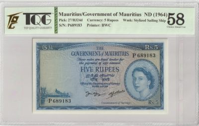 第21拍卖--英联邦领土硬币、精制银币、纪念币，纸钞 - Government of Mauritius, 1954 Five Rupees - signatures: James D. Greig & Blackburn,P27/4 TQG 58 aUNC - P689183