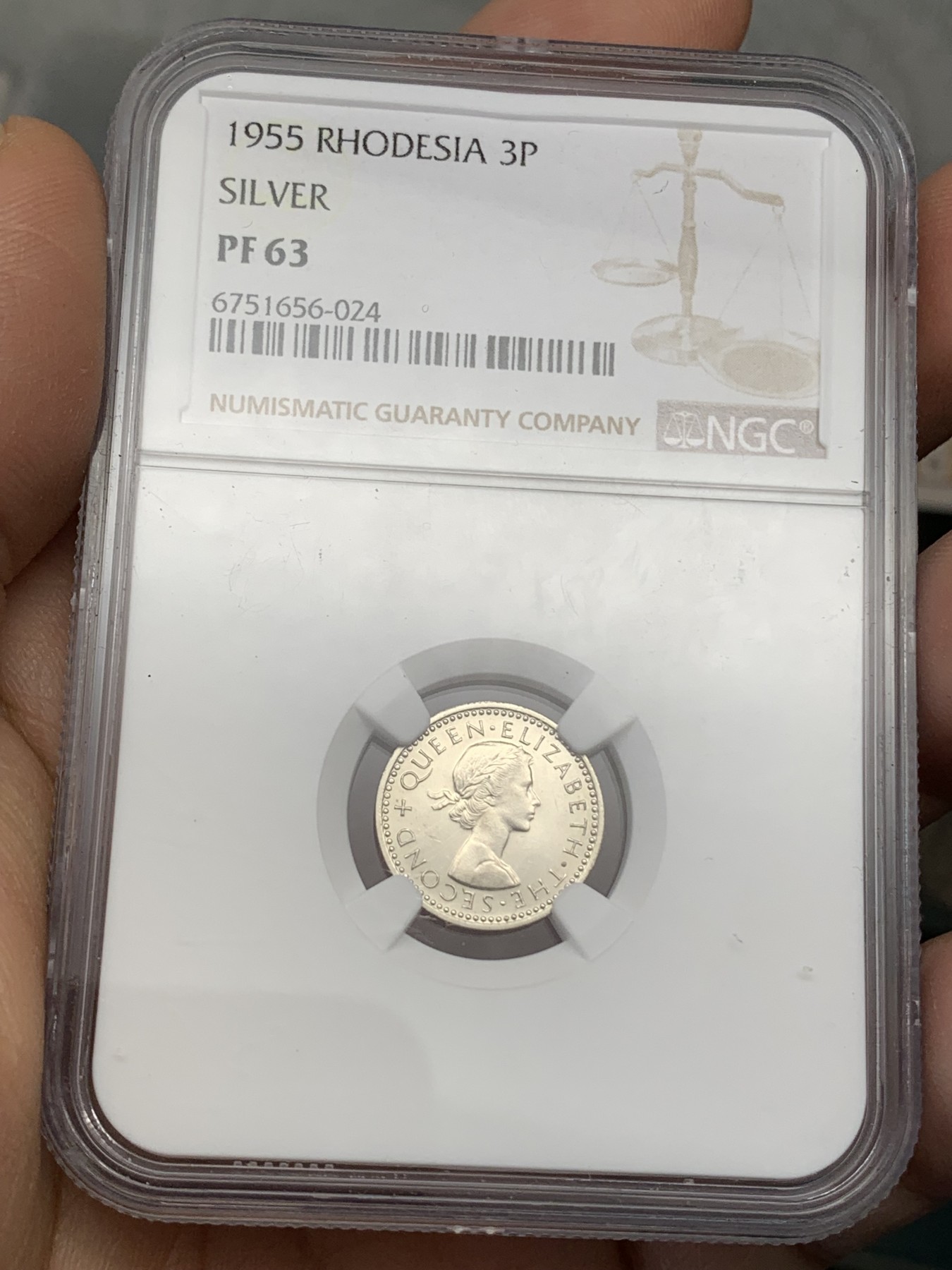 《竞宝斋》第218场-周日，周一 2场 (全场包邮) NGC PF63 罗德西亚和尼亚萨兰1955年3便士精制小银币