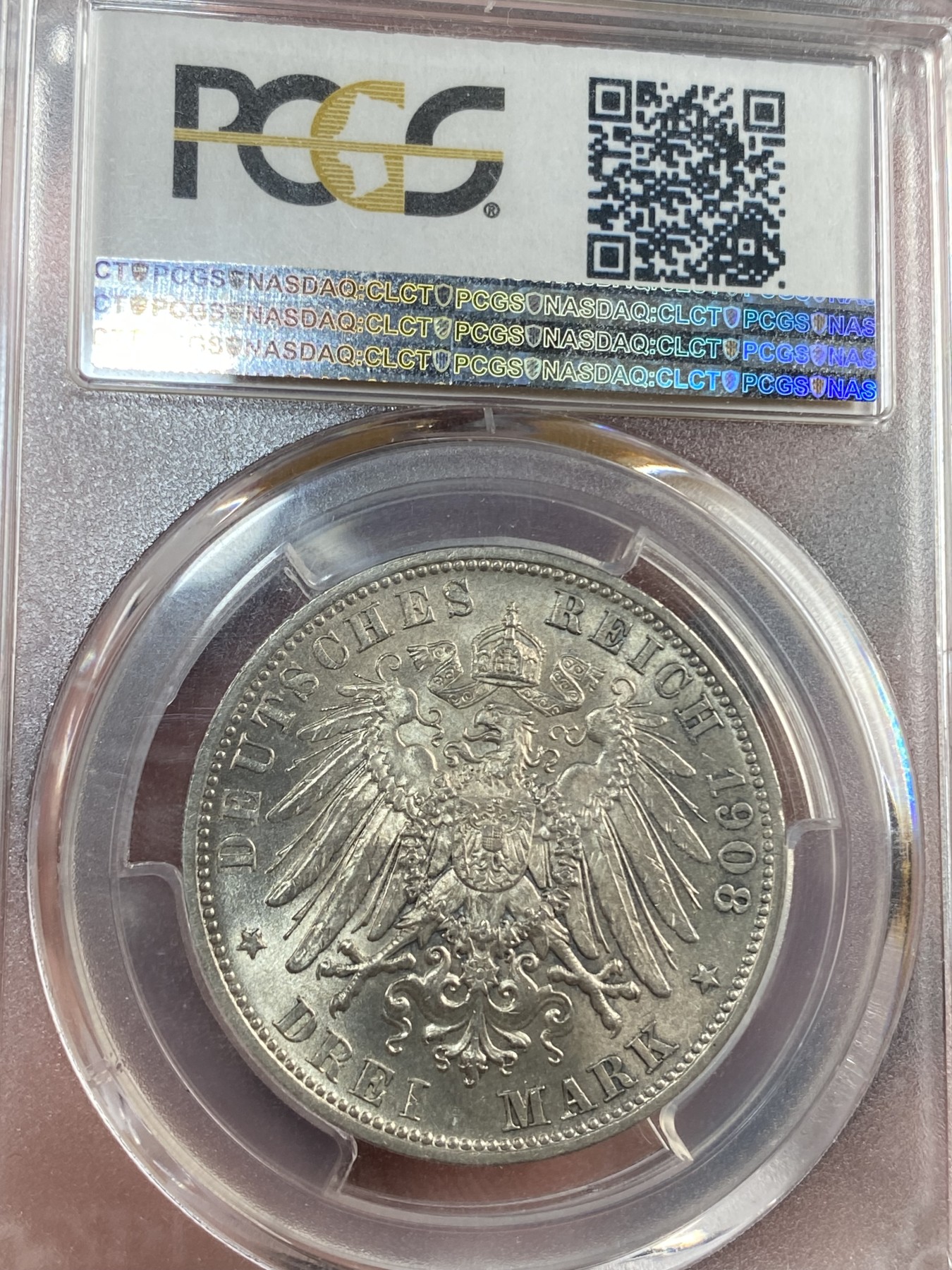 【北京钱博会拍卖周】万国钱币拍卖第020期 PCGS MS63 1908年德国巴伐利亚奥拓3马克 十字转光