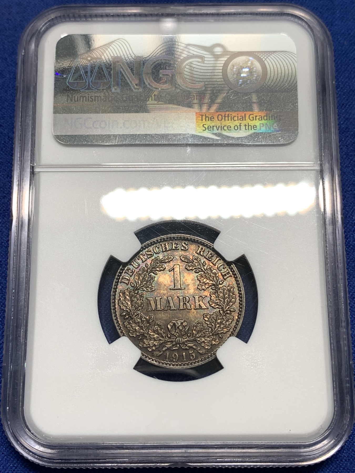 《竞宝斋》第218场-周日，周一 2场 (全场包邮) NGC-MS63 德国1915年1马克银币，一面强车轮黄油转光，一面酱彩深包浆，绝对严评不止这个分数