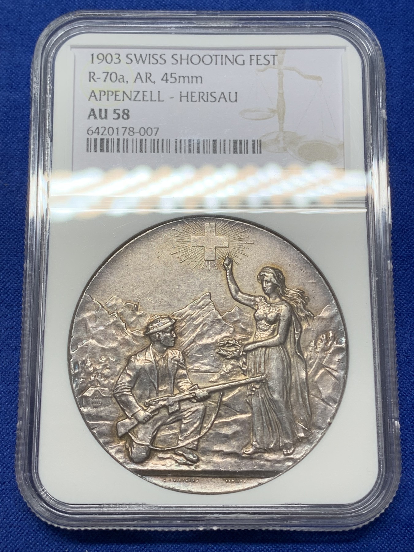 《竞宝斋》第218场-周日，周一 2场 (全场包邮) NGC AU58 1903年瑞士阿彭策尔射击节大银章，稀少品种，五彩包浆，状态一流，老藏家出品