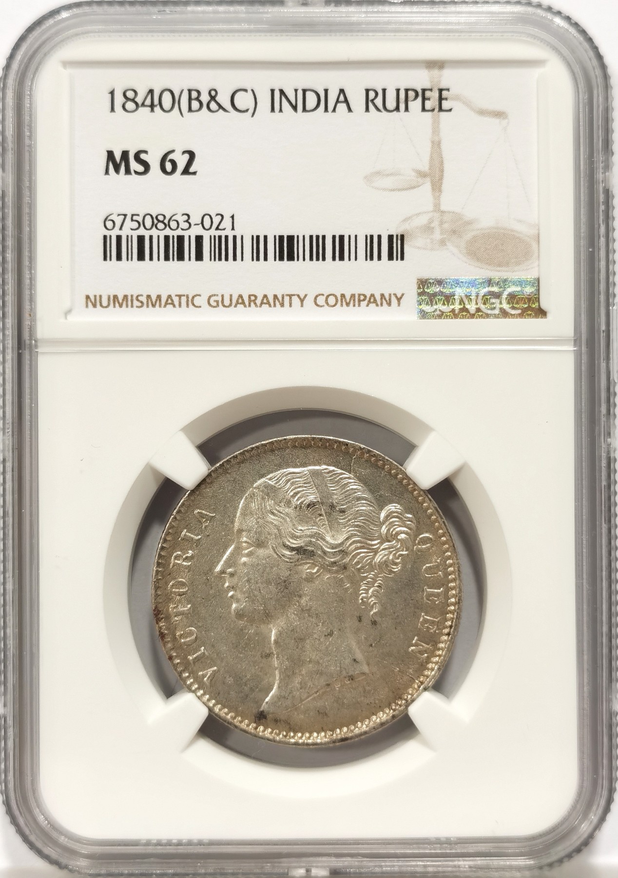 博洋堂【北京钱博会拍卖周】精品专场暨第54期（全场包邮） NGC MS62 英属东印度公司1840年B&C版维多利亚1卢比银币，双辫版