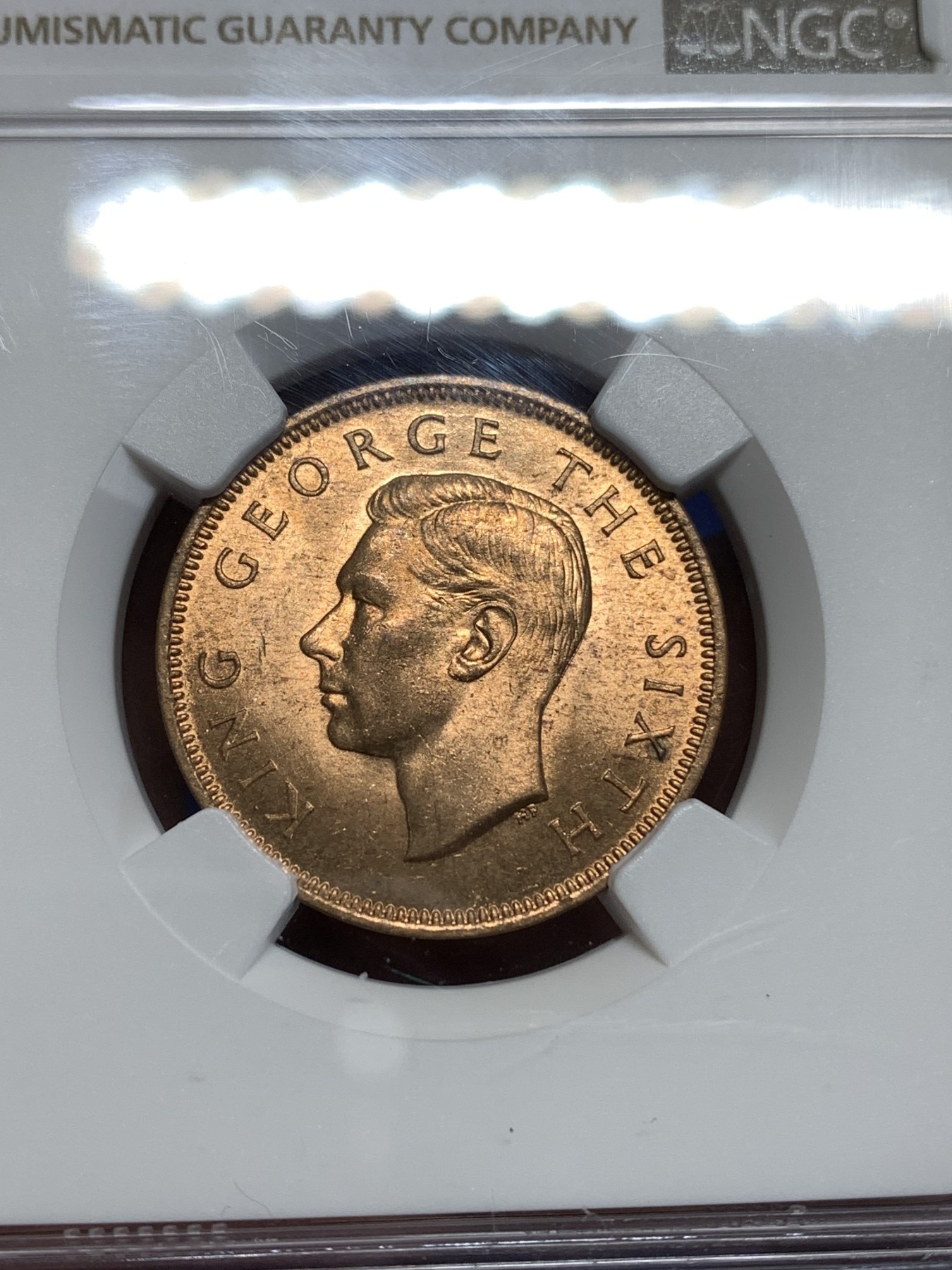 《竞宝斋》第218场-周日，周一 2场 (全场包邮) NGC MS64RD 新西兰1952年乔治六世1/2便士铜币