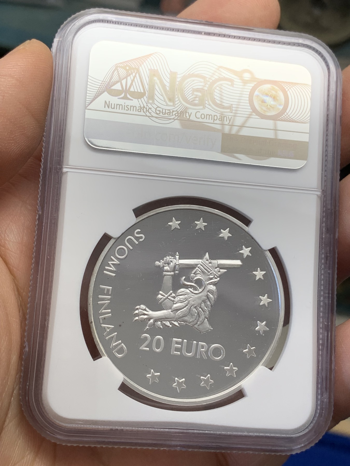 《竞宝斋》第218场-周日，周一 2场 (全场包邮) NGC PF69 芬兰1996奥拉维城堡纪念20欧精制银币