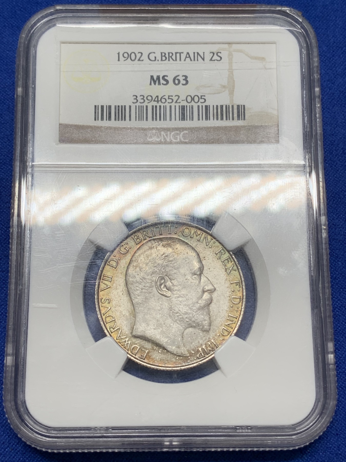 《竞宝斋》第218场-周日，周一 2场 (全场包邮) NGC-MS63 英国 1902年 爱德华七世 海神 2先令 银币 黄油彩