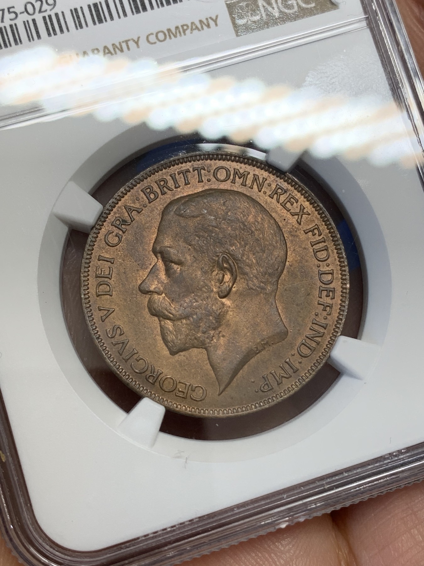 《竞宝斋》第218场-周日，周一 2场 (全场包邮) NGC MS63RB 1921年 英国乔治五世便士 乔五和布列塔尼的组合 底板丝滑 铜光饱满