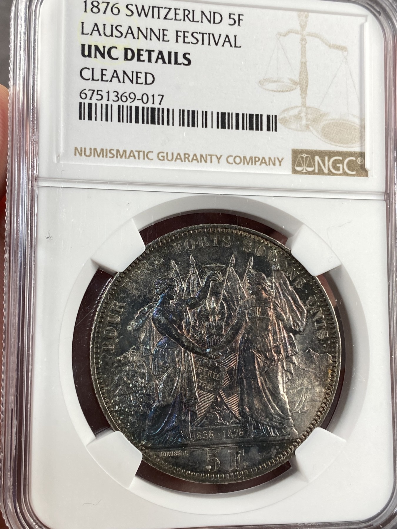【北京钱博会拍卖周】万国钱币拍卖第020期 NGC UNCD 1876年瑞士洛桑射击节5法郎大银币 原味酱彩