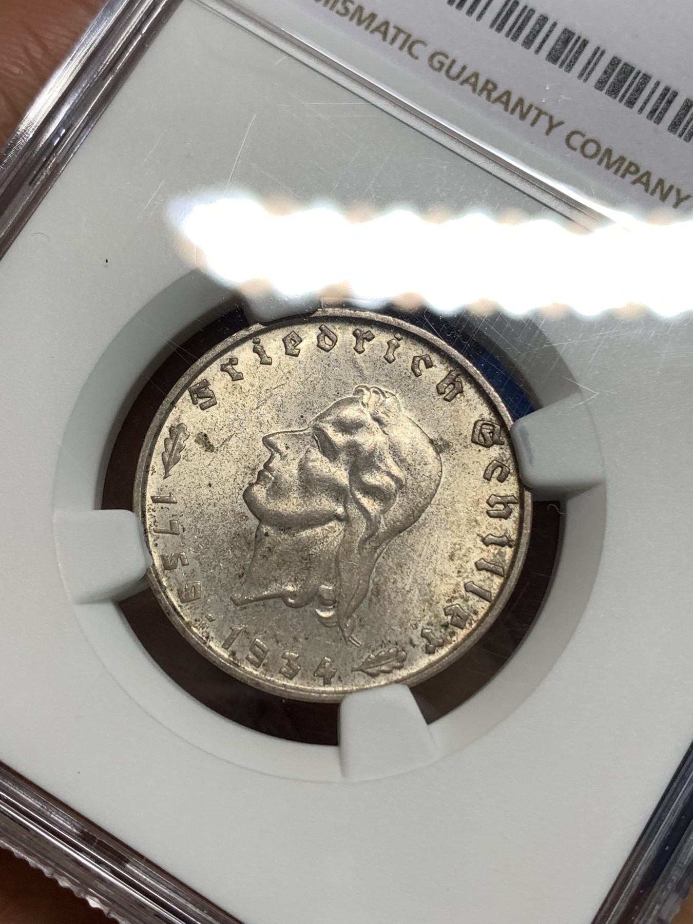 《竞宝斋》第218场-周日，周一 2场 (全场包邮) NGC-MS63 德国1934年F版席勒2马克银币 德三少见品种 状态好