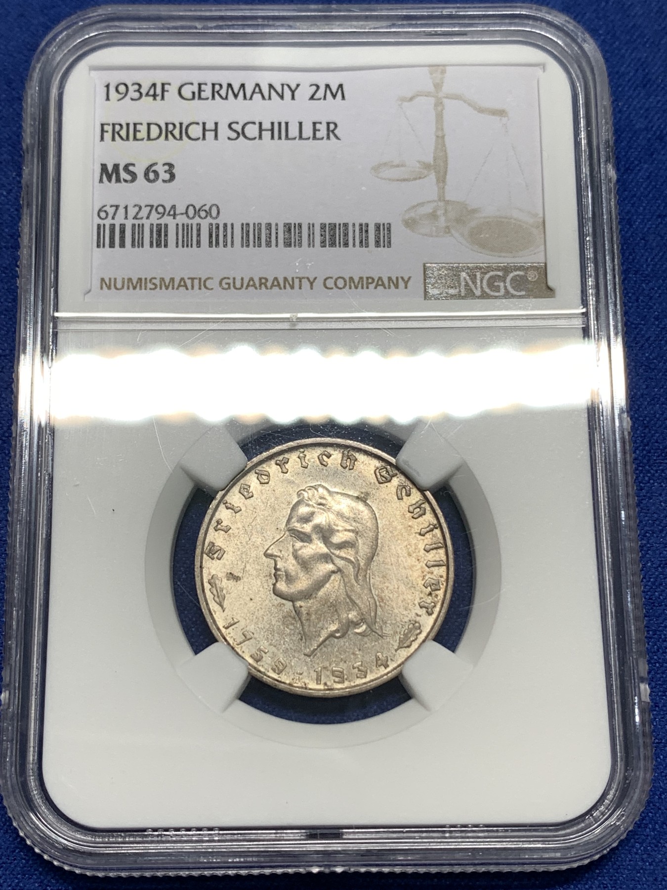 《竞宝斋》第218场-周日，周一 2场 (全场包邮) NGC-MS63 德国1934年F版席勒2马克银币 德三少见品种 状态好