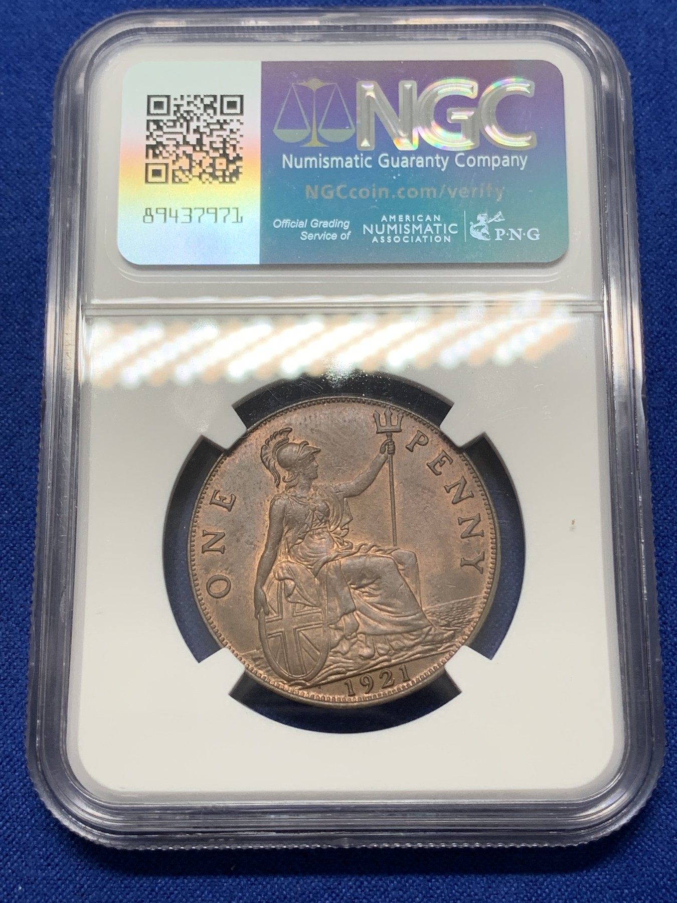 《竞宝斋》第218场-周日，周一 2场 (全场包邮) NGC MS63RB 1921年 英国乔治五世便士 乔五和布列塔尼的组合 底板丝滑 铜光饱满