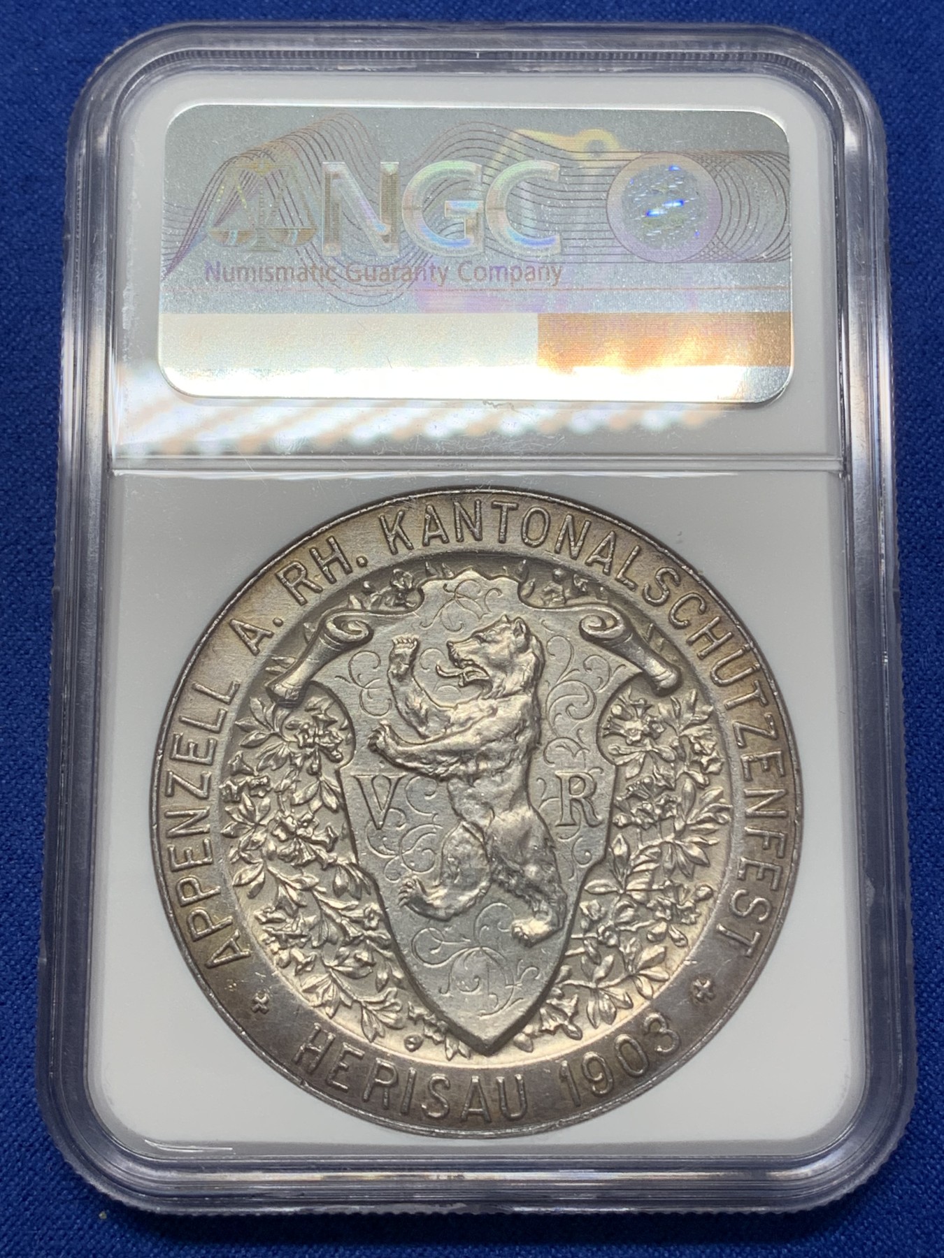 《竞宝斋》第218场-周日，周一 2场 (全场包邮) NGC AU58 1903年瑞士阿彭策尔射击节大银章，稀少品种，五彩包浆，状态一流，老藏家出品