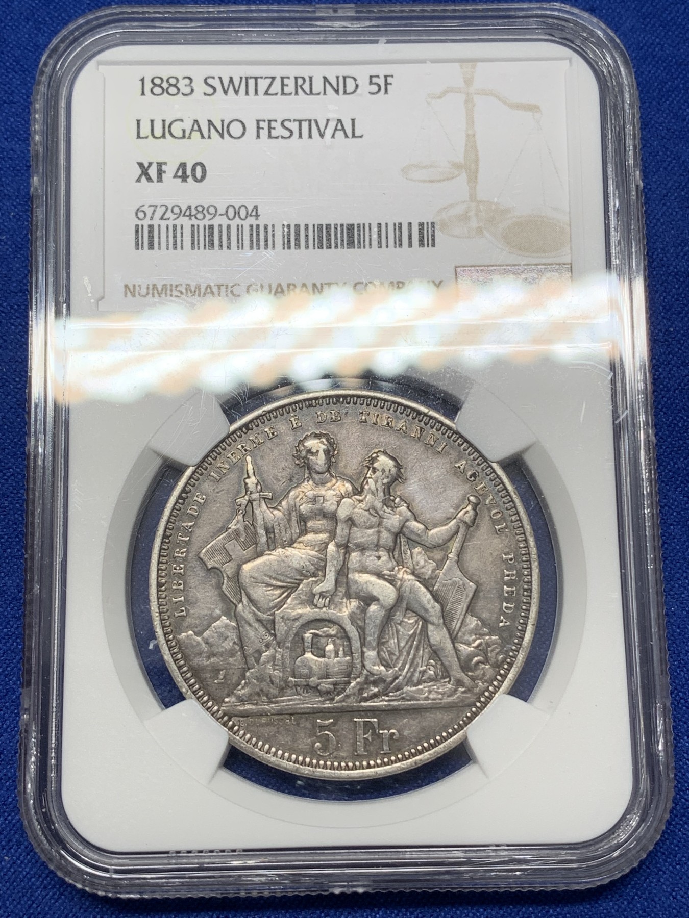 《竞宝斋》第218场-周日，周一 2场 (全场包邮) NGC XF40 瑞士 1883 卢加诺射击节 狩猎5法郎银币 原味包浆