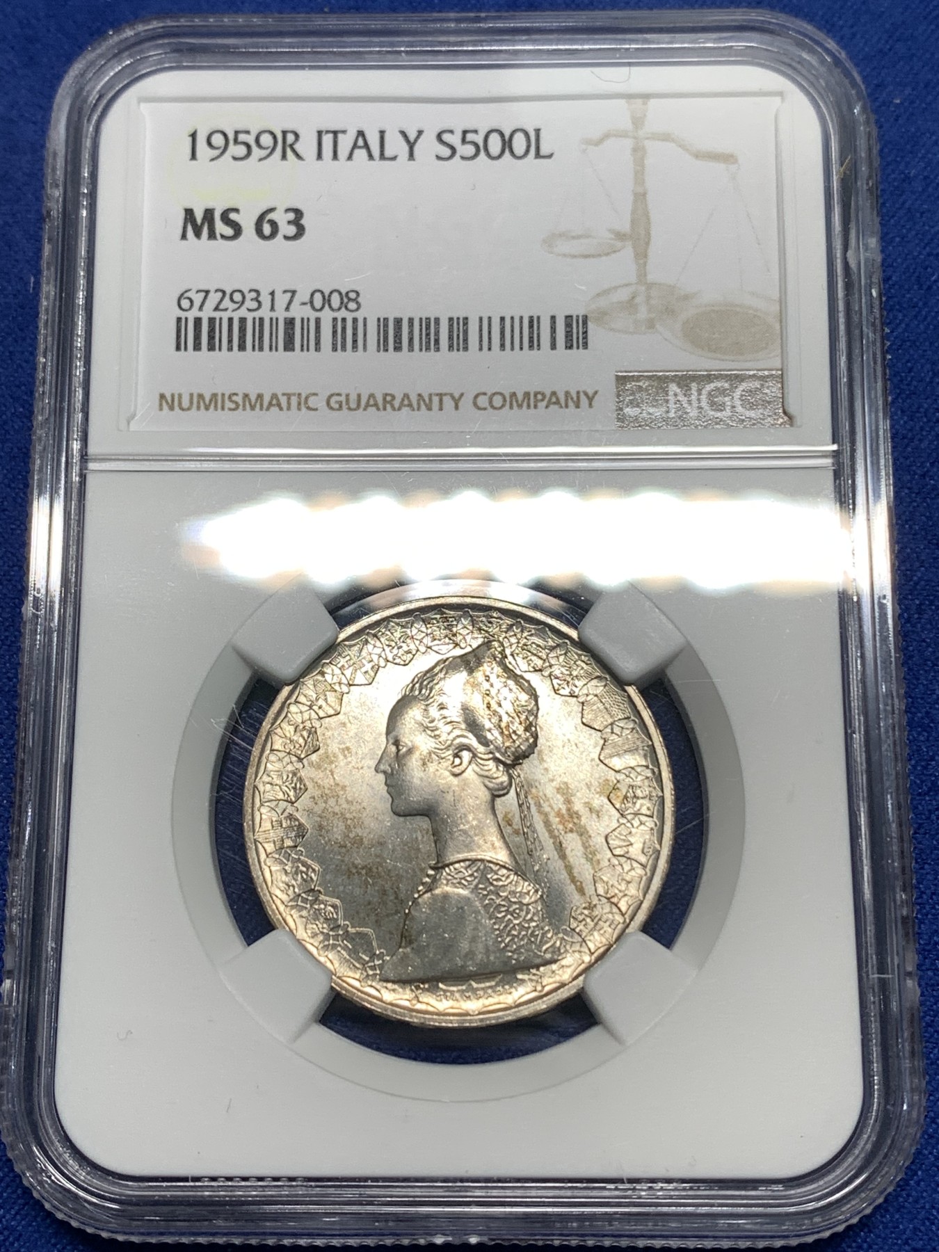 《竞宝斋》第218场-周日，周一 2场 (全场包邮) NGC-MS63 意大利1959年500里拉银币，经典人妻帆船设计，早期年份