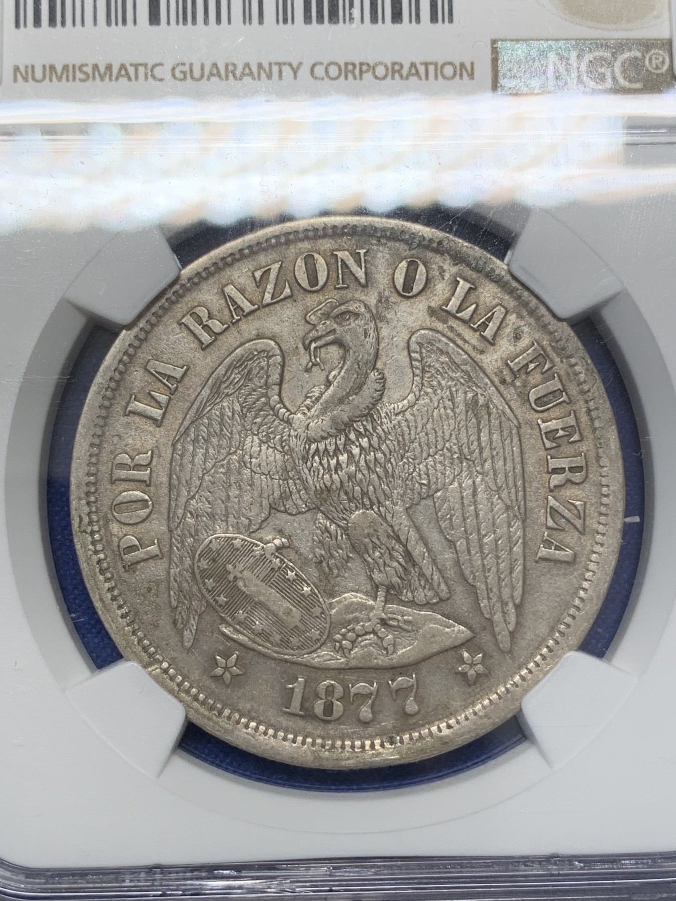 《竞宝斋》第218场-周日，周一 2场 (全场包邮) NGC AU 智利 1877年SO 1比索 秃鹰大银币