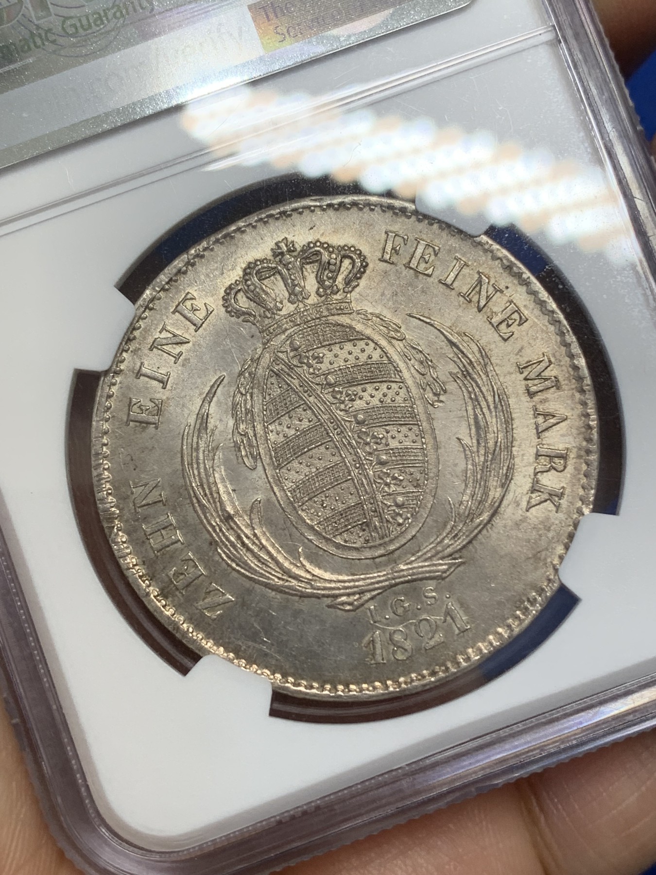 《竞宝斋》第218场-周日，周一 2场 (全场包邮) NGC-UNCD 德国 1821年 萨克森 1泰勒大银币,少见品种,淡黄油包浆,顶部取环痕迹几乎看不出,币面划痕少