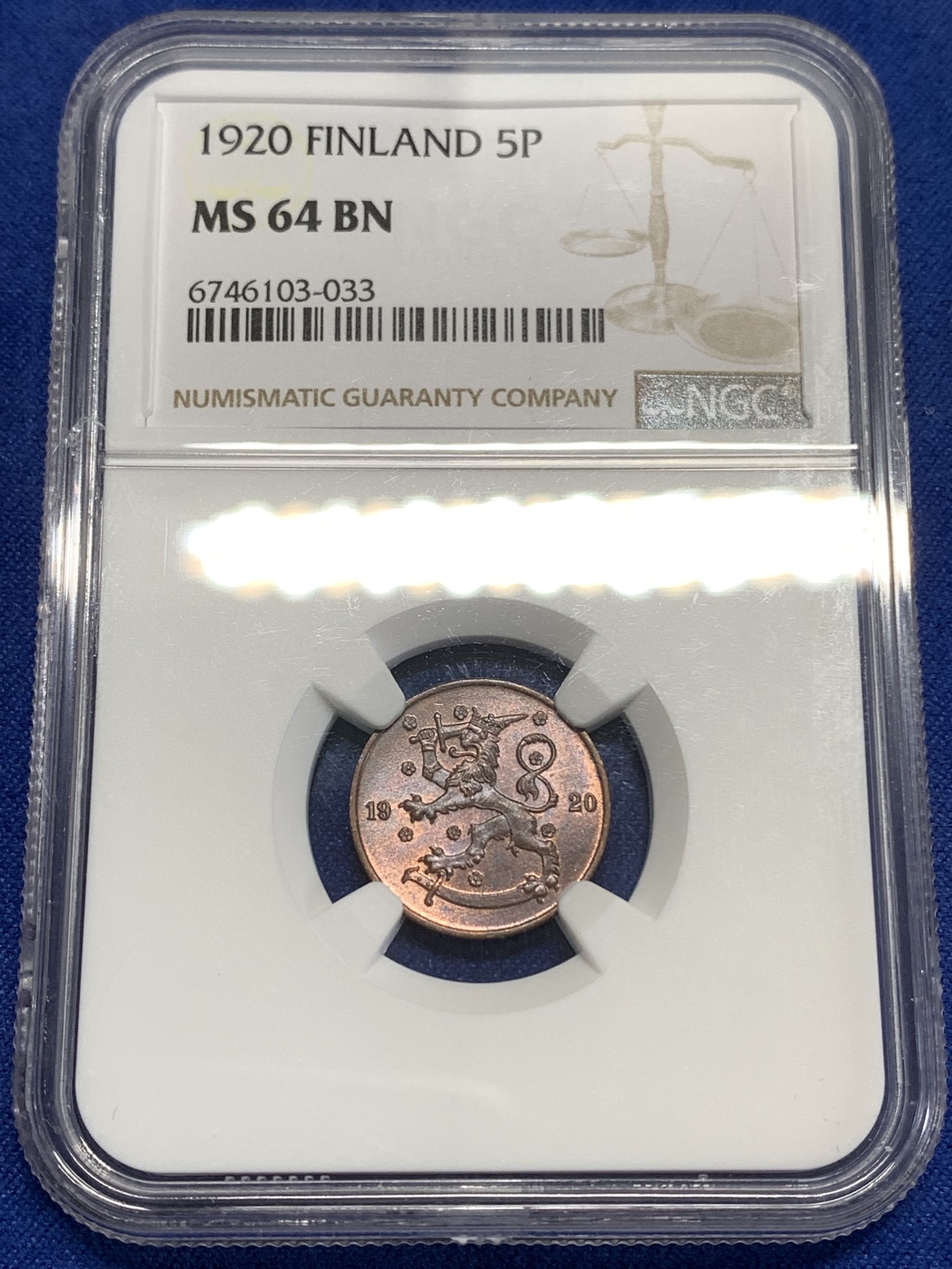 《竞宝斋》第218场-周日，周一 2场 (全场包邮) NGC-MS64BN 1920年芬兰5芬妮铜币，辅币好品难得，20年代的比内战时期的好品少多了，64分高分