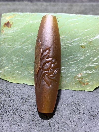 精美亚光高玉化糖料巴西玛瑙手工俏色巧雕荷花大桶珠一个！ - 精美亚光高玉化糖料巴西玛瑙手工俏色巧雕荷花大桶珠一个！
