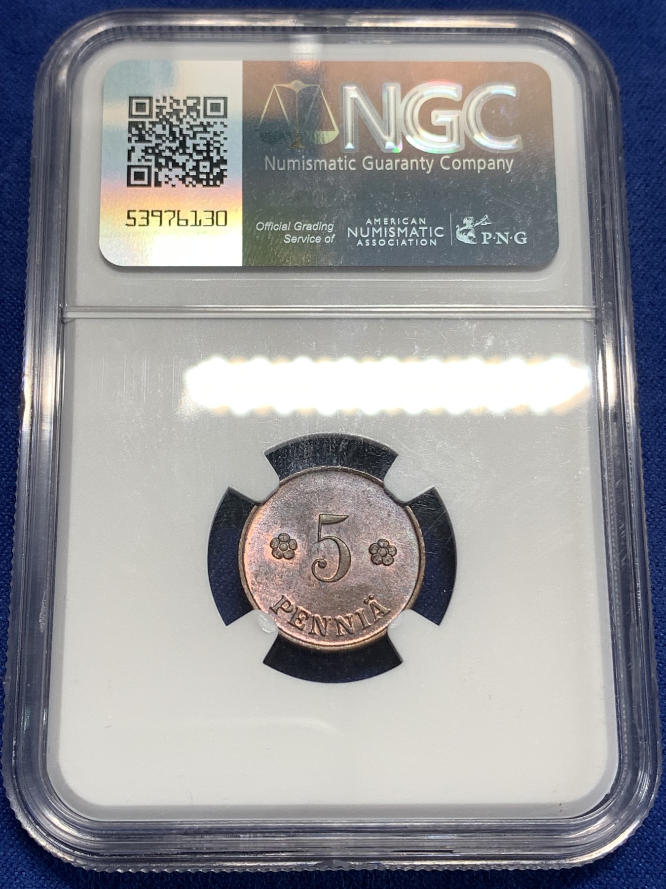 《竞宝斋》第218场-周日，周一 2场 (全场包邮) NGC-MS64BN 1920年芬兰5芬妮铜币，辅币好品难得，20年代的比内战时期的好品少多了，64分高分