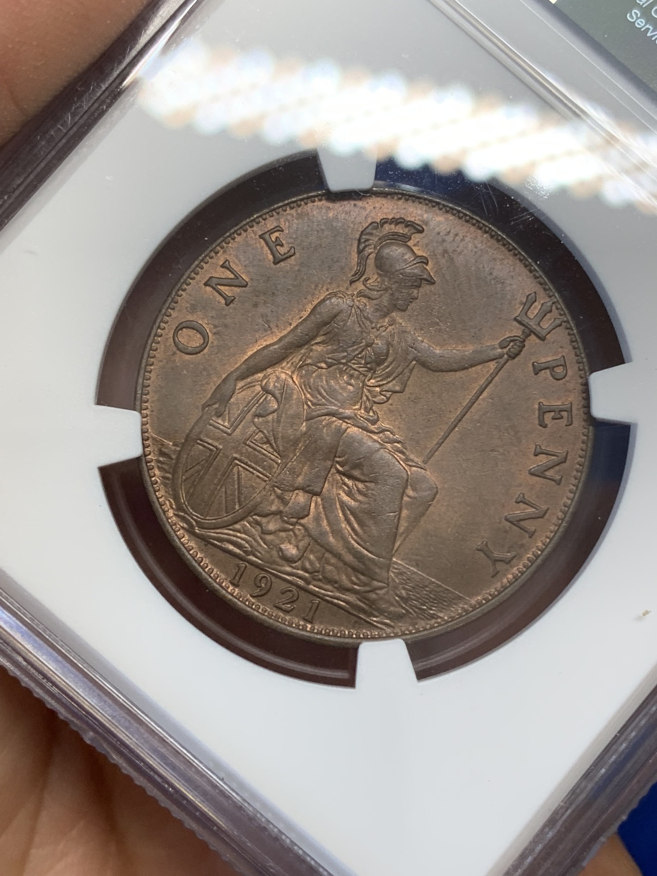 《竞宝斋》第218场-周日，周一 2场 (全场包邮) NGC MS63RB 1921年 英国乔治五世便士 乔五和布列塔尼的组合 底板丝滑 铜光饱满