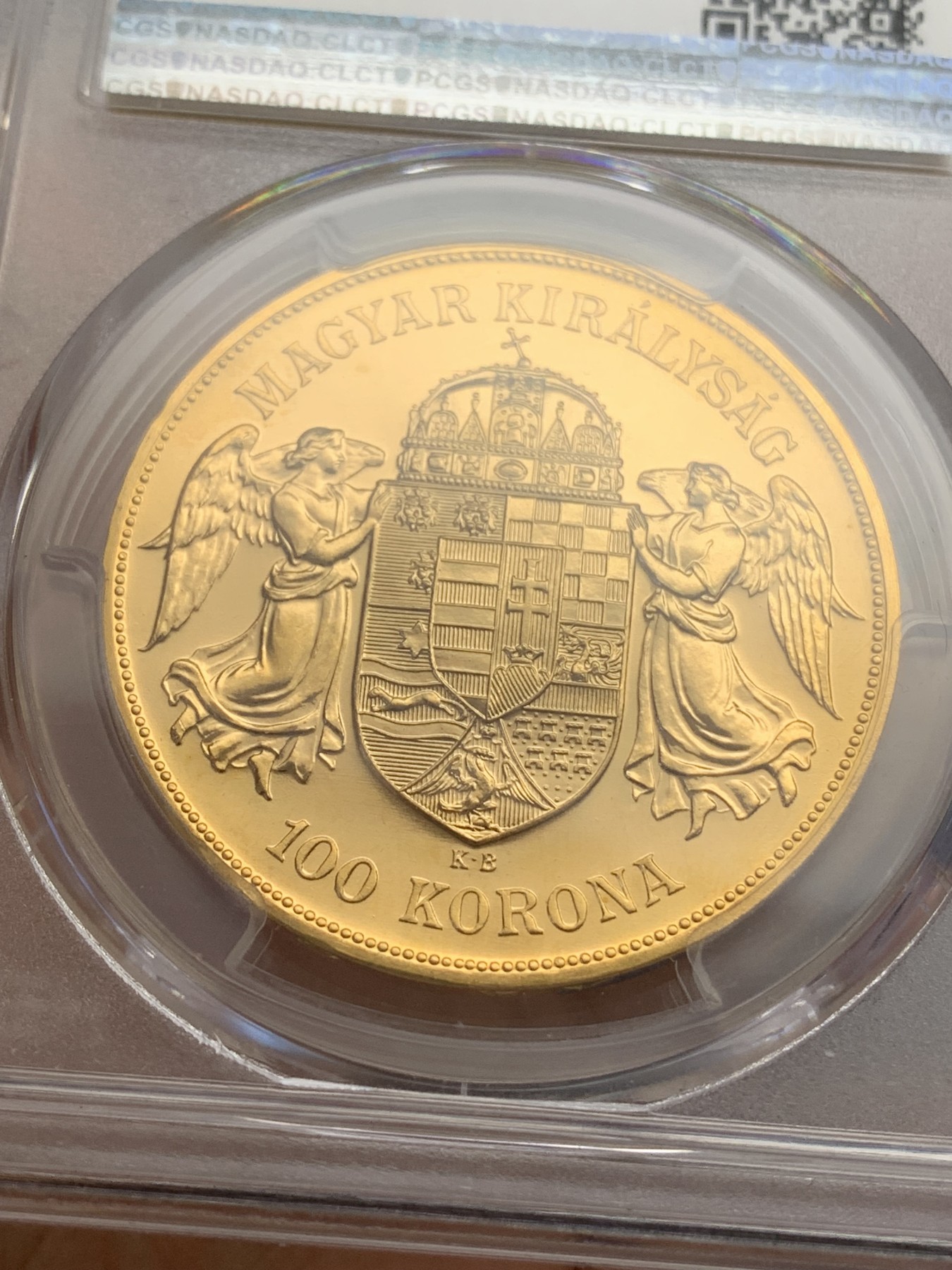 《竞宝斋》第218场-周日，周一 2场 (全场包邮) PCGS MS68 匈牙利1908KB 100克朗大金币 后铸版本 双天使 非常少见 33.87克900金