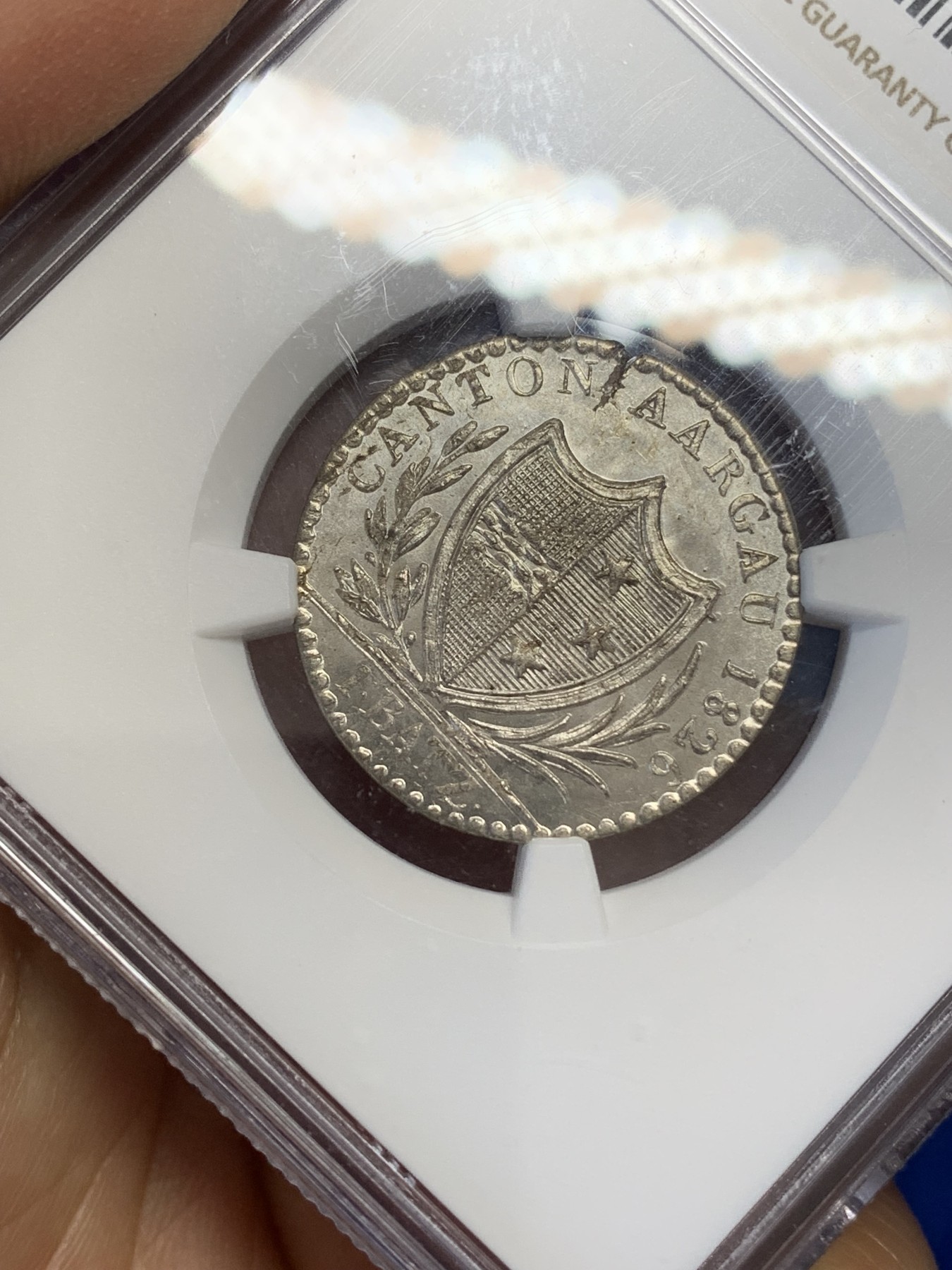 《竞宝斋》第218场-周日，周一 2场 (全场包邮) NGC-MS65 瑞士 1826年 阿尔高巴增银币 银光闪闪,打制品相极好!