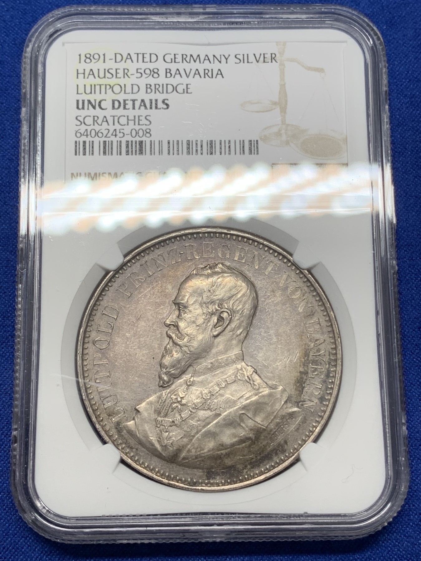 《竞宝斋》第218场-周日，周一 2场 (全场包邮) NGC-UNC 德国 巴伐利亚 1891年 利奥波德 大银章 原味包浆 状态舒服