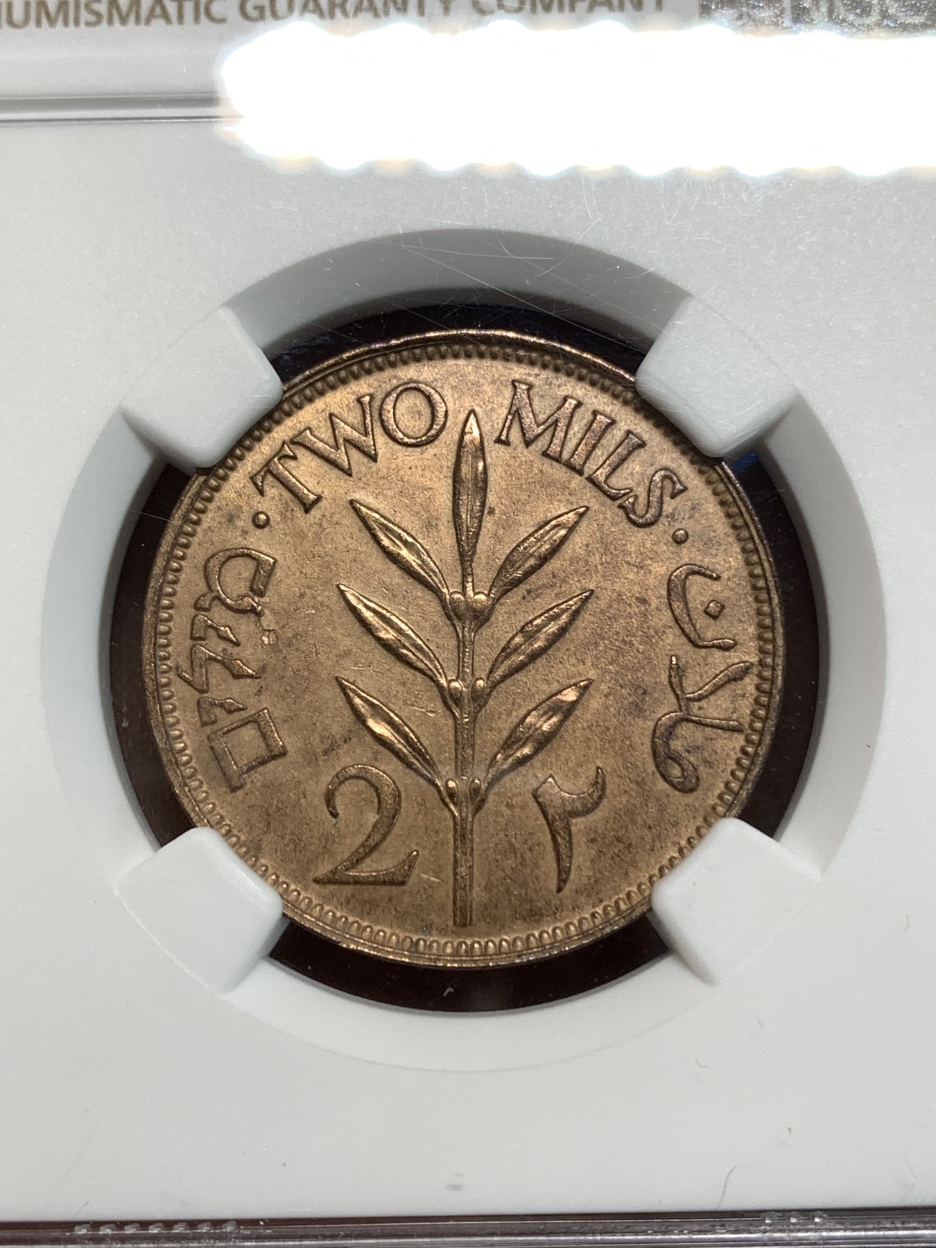 《竞宝斋》第218场-周日，周一 2场 (全场包邮) NGC AU58 1927年巴勒斯坦2M铜币 稀缺