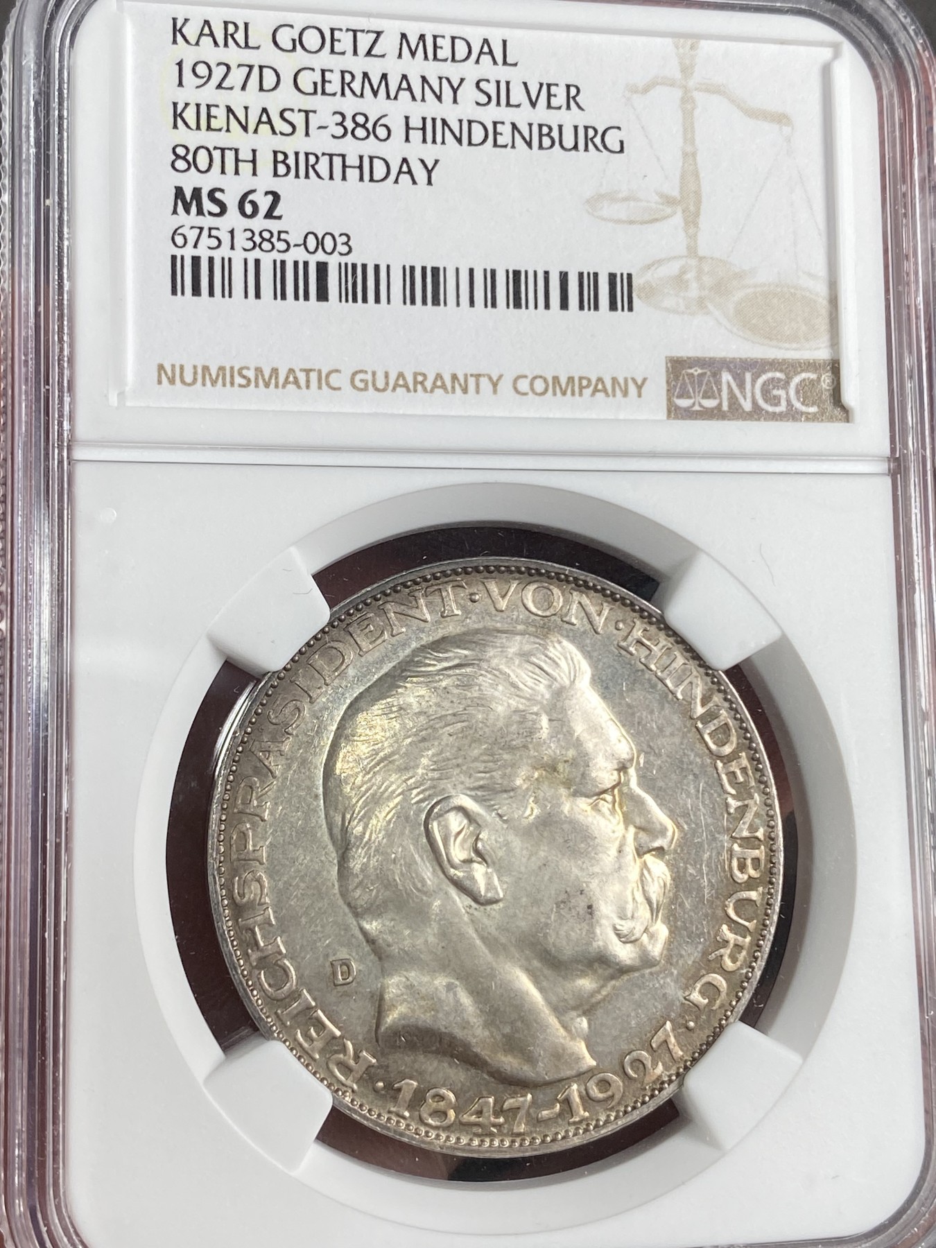 【北京钱博会拍卖周】万国钱币拍卖第020期 NGC MS62 1927年德国哥茨设计兴登堡总统80大寿5马克币章