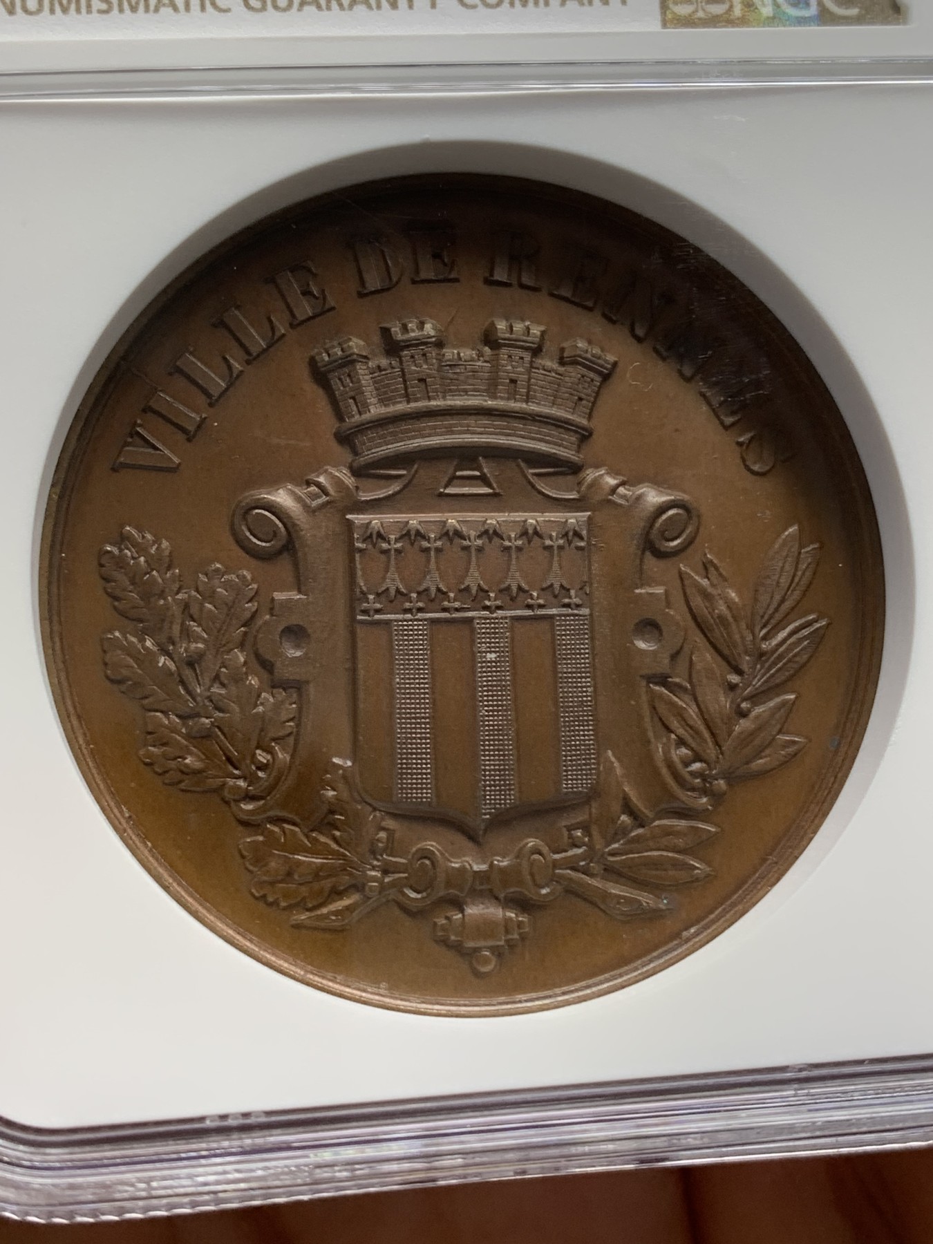 《竞宝斋》第218场-周日，周一 2场 (全场包邮) NGC-MS63BN 19世纪法国音乐学院铜章 加厚盒