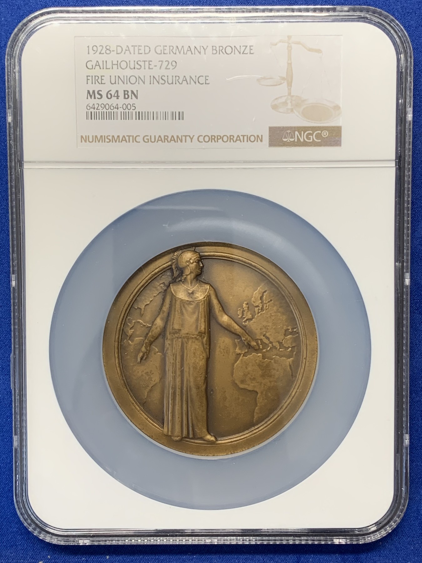 《竞宝斋》第218场-周日，周一 2场 (全场包邮) NGC-MS64BN 德国1928年火灾保险协会大铜章，古希腊风格女神矗立在世界地图前，两手联通大西洋两岸。风格磅礴大气，表现力十足。64顶级品质