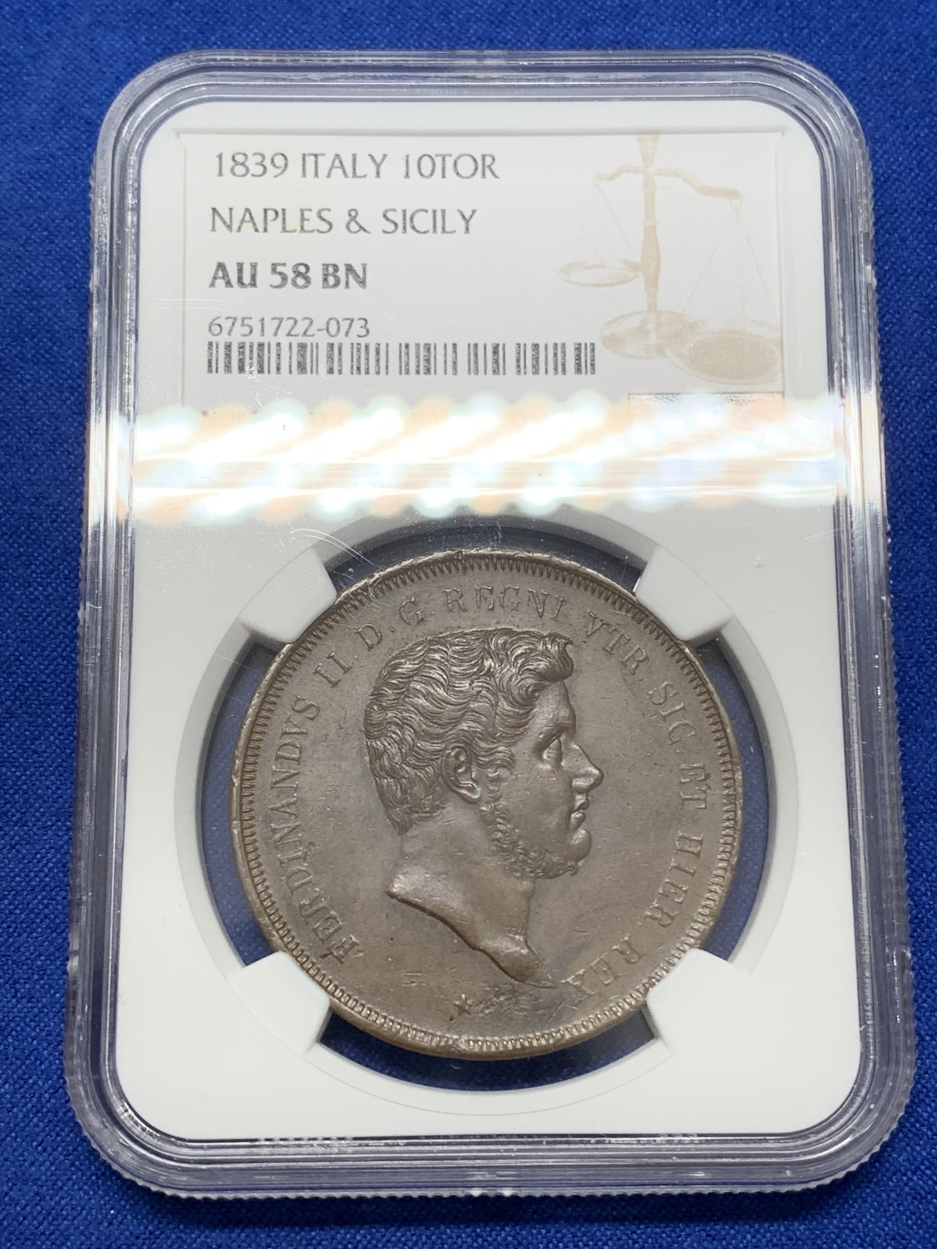 《竞宝斋》第218场-周日，周一 2场 (全场包邮) NGC AU58 1839年意大利两西西里王国费迪南德二世10Tor大铜币 唯一入盒冠军分记录
