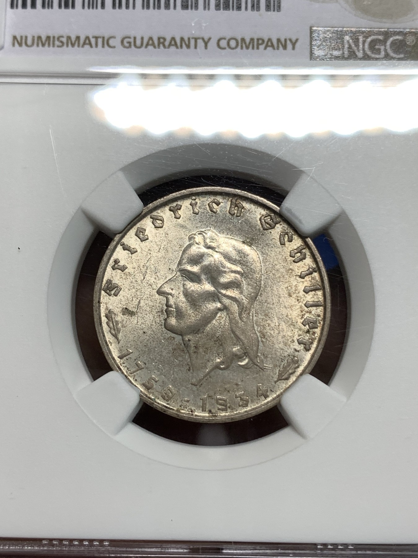 《竞宝斋》第218场-周日，周一 2场 (全场包邮) NGC-MS63 德国1934年F版席勒2马克银币 德三少见品种 状态好