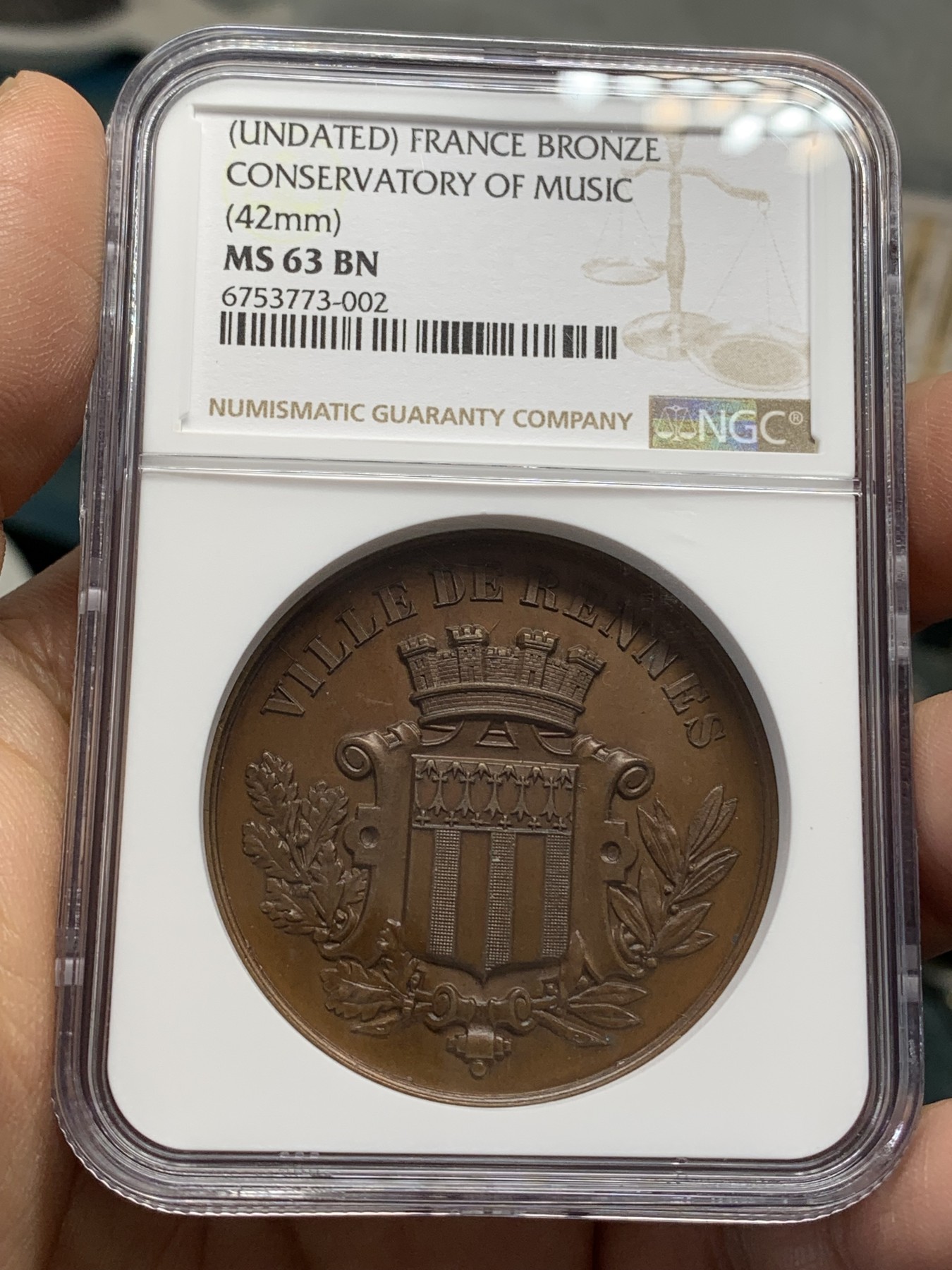 《竞宝斋》第218场-周日，周一 2场 (全场包邮) NGC-MS63BN 19世纪法国音乐学院铜章 加厚盒