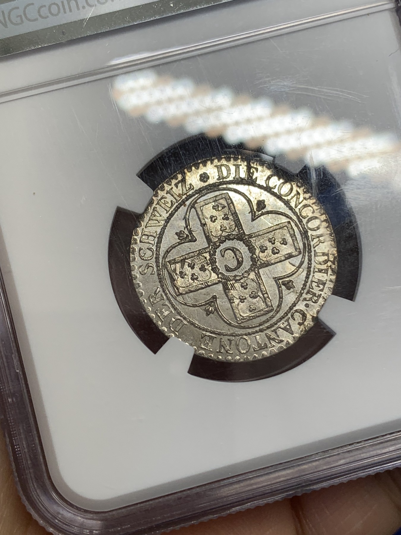 《竞宝斋》第218场-周日，周一 2场 (全场包邮) NGC-MS65 瑞士 1826年 阿尔高巴增银币 银光闪闪,打制品相极好!