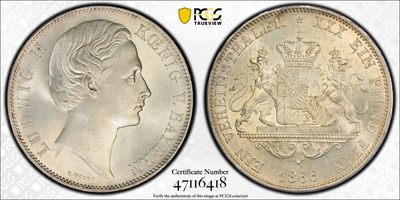 【北京钱博会拍卖周】万国钱币拍卖第020期 - PCGS MS64 1866年德国巴伐利亚路德维希二世流通双狮纹章泰勒 实物拥有极强的转光 PCGS亚军分